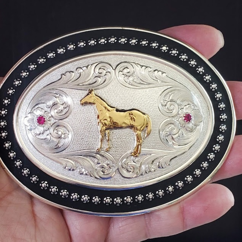 Montana Silversmiths Horse Belt Buckle Silver Plate Gold Tone Red Stones Gift
